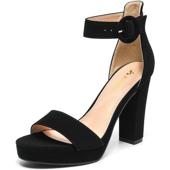 Amoji Women Nubuck-black Faux Suede Open Toe High Heel Chunky Platform Sandals - Picture 1 of 8